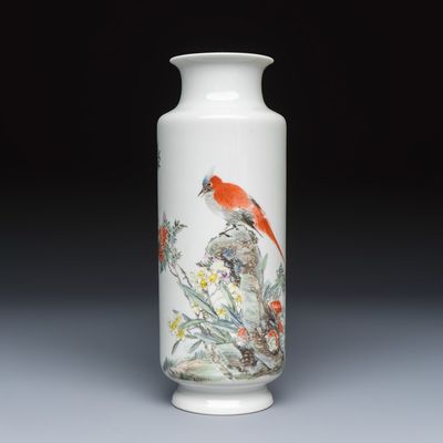A Chinese famille rose 'Bird Among Flowers and Rockwork' rouleau vase, signed Liu Yucen 劉雨岑, Jiu Jiang You Xin Ci Zhuang Zhen Pin 九江友新瓷莊珍品 mark, dated 1946