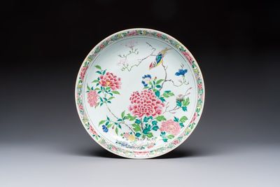 A Chinese famille rose 'Birds among Blossoming Branches' dish, Yongzheng