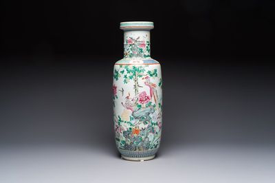 A Chinese famille rose 'Birds among Flowering Branches' rouleau vase, Qianlong mark, Republic — photo 1