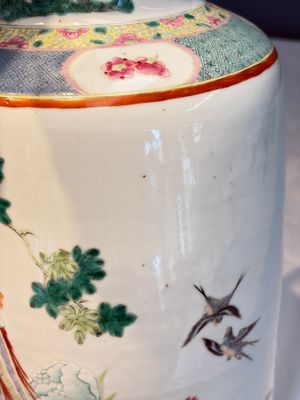 A Chinese famille rose 'Birds among Flowering Branches' rouleau vase, Qianlong mark, Republic — photo 7