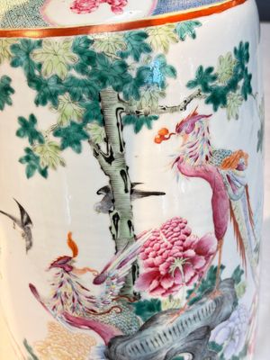 A Chinese famille rose 'Birds among Flowering Branches' rouleau vase, Qianlong mark, Republic — photo 8