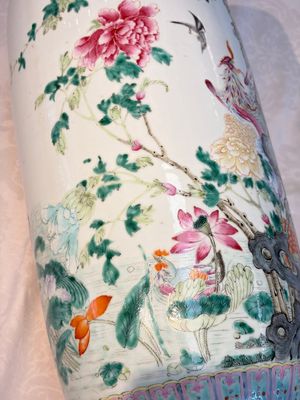 A Chinese famille rose 'Birds among Flowering Branches' rouleau vase, Qianlong mark, Republic — photo 9