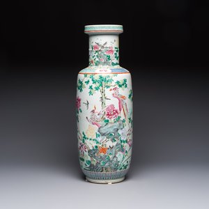 A Chinese famille rose 'Birds among Flowering Branches' rouleau vase, Qianlong mark, Republic — photo 1