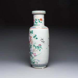 A Chinese famille rose 'Birds among Flowering Branches' rouleau vase, Qianlong mark, Republic — photo 2