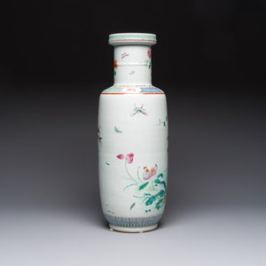 A Chinese famille rose 'Birds among Flowering Branches' rouleau vase, Qianlong mark, Republic — photo 3