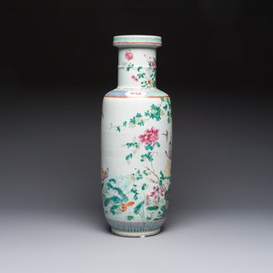 A Chinese famille rose 'Birds among Flowering Branches' rouleau vase, Qianlong mark, Republic — photo 4
