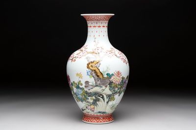 A Chinese famille rose 'birds among flowering branches' vase, Qianlong mark, 20th C.