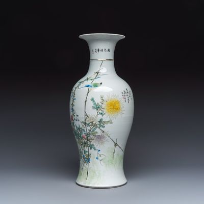 A Chinese famille rose 'Birds Among Flowering Branches' vase, signed Xian Cha 仙槎, dated 1922