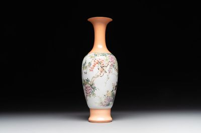 A Chinese famille rose 'birds and flowers' vase, signed Deng Xiaoyu 鄧肖禹, dated 1961