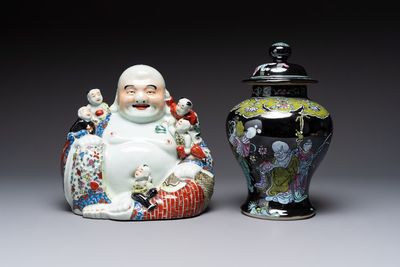A Chinese famille rose black-ground covered vase and a famille rose Milefo Buddha, Mao Ji Sheng 茂記生造 mark, 19/20th C.