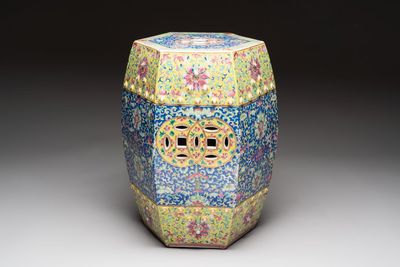 A Chinese famille rose blue and yellow-ground hexagonal garden seat, 19th C.