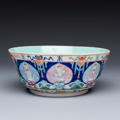 A Chinese famille rose blue-ground 'Baragon Tumed' octagonal bowl, Baragon Tumed mark, Republic
