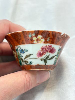 A Chinese famille rose blue-ground cup and saucer, and a 'faux-bois' cup and saucer, Yongzheng/Qianlong — photo 8