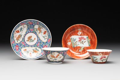 A Chinese famille rose blue-ground cup and saucer, and a 'faux-bois' cup and saucer, Yongzheng/Qianlong