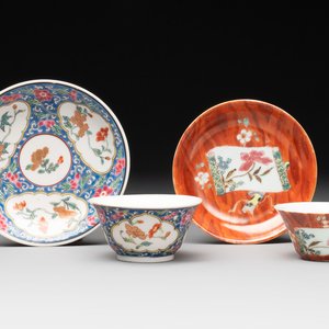 A Chinese famille rose blue-ground cup and saucer, and a 'faux-bois' cup and saucer, Yongzheng/Qianlong — photo 1