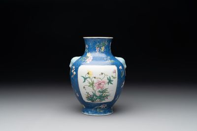 A Chinese famille rose blue-sgraffito-ground 'hu' vase, Qianlong mark, Republic