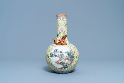 A Chinese famille rose bottle vase with landscape medallions, Qianlong mark, Republic