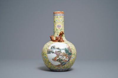 A Chinese famille rose bottle vase with landscape medallions, Qianlong mark, Republic