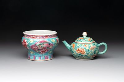 A Chinese famille rose bowl and a teapot for the Straits or Peranakan market, 19th C.