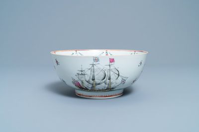 A Chinese famille rose bowl with British merchant navy ships, Qianlong