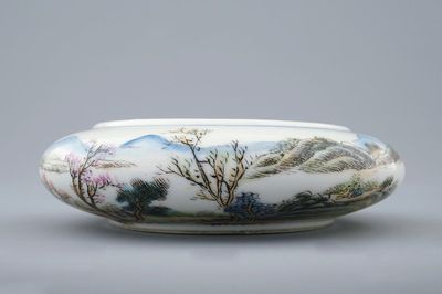 A Chinese famille rose brush washer with a fine landscape, Republic, 20th C.