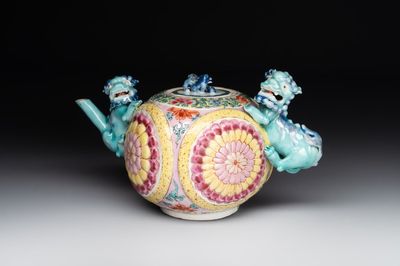 A Chinese famille rose 'Buddhist lion' teapot and cover, Yongzheng