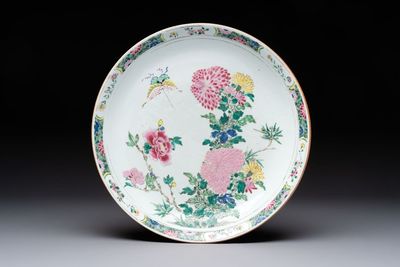 A Chinese famille rose 'butterfly among flowers' dish, Yongzheng