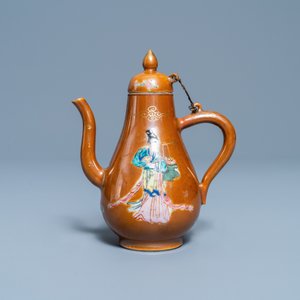 A Chinese famille rose capucin brown-ground ewer and cover, Yongzheng — photo 2