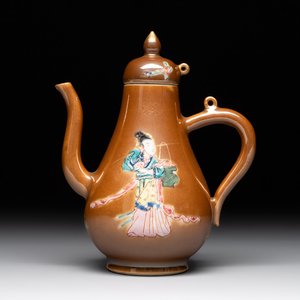 A Chinese famille rose capucin-brown-ground 'Magu' ewer and cover, Yongzheng/Qianlong — photo 1