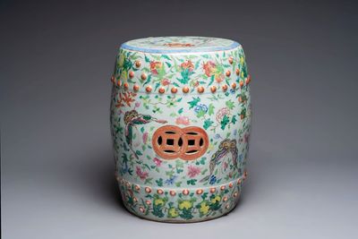 A Chinese famille rose celadon-ground garden seat, 19th C.
