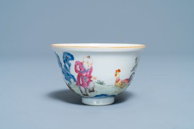 A Chinese famille rose 'chicken' cup, Qianlong mark, 19/20th C.