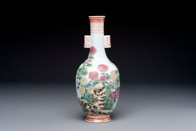 A Chinese famille rose ‘Chrysanthemums’ arrow vase, Yongzheng mark, 20th C.