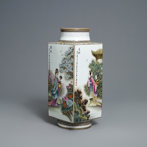 A Chinese famille rose cong vase, signed Zhang Songmao, dated 2002 — 照片 1