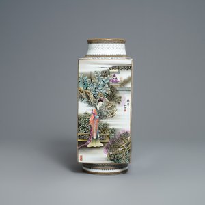 A Chinese famille rose cong vase, signed Zhang Songmao, dated 2002 — 照片 4
