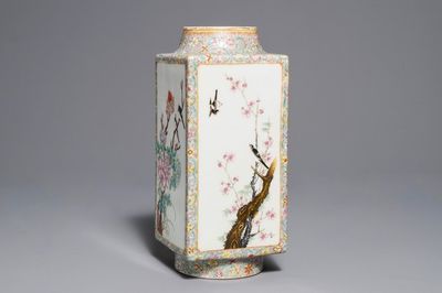 A Chinese famille rose cong vase with flowers and birds, Hongxian mark, 20th C.
