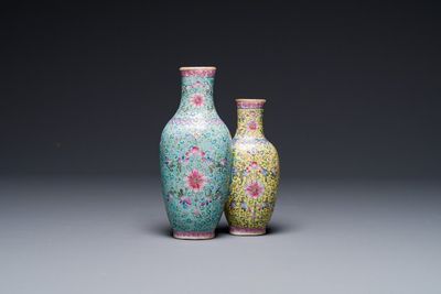 A Chinese famille rose conjoined vase with lotus scrolls, Qianlong mark, 19th C.