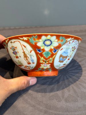 A Chinese famille rose coral-red-ground 'antiquities' bowl, Yongzheng mark, Republic — photo 2