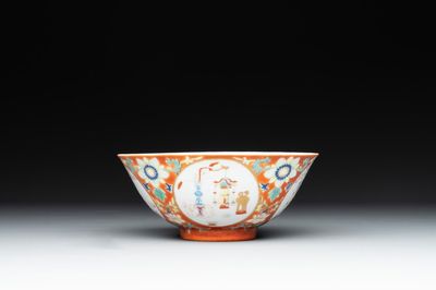 A Chinese famille rose coral-red-ground 'antiquities' bowl, Yongzheng mark, Republic