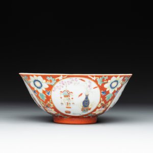 A Chinese famille rose coral-red-ground 'antiquities' bowl, Yongzheng mark, Republic — photo 2