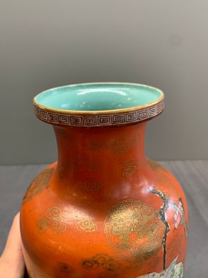 A Chinese famille rose coral-red-ground 'immortals' rouleau vase, Qianlong mark, Republic — photo 2