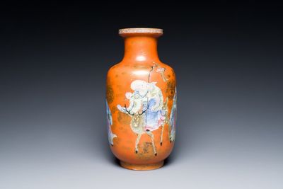A Chinese famille rose coral-red-ground 'immortals' rouleau vase, Qianlong mark, Republic