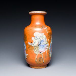 A Chinese famille rose coral-red-ground 'immortals' rouleau vase, Qianlong mark, Republic — photo 1
