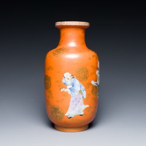 A Chinese famille rose coral-red-ground 'immortals' rouleau vase, Qianlong mark, Republic — photo 2