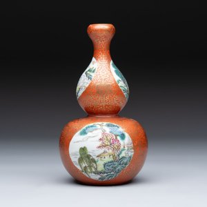 A Chinese famille rose coral-red-ground 'landscape' gourd vase, Qianlong mark, Republic — photo 1