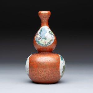 A Chinese famille rose coral-red-ground 'landscape' gourd vase, Qianlong mark, Republic — photo 3