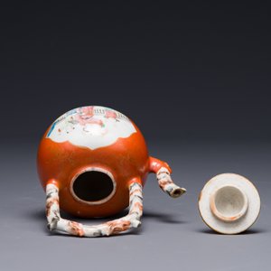 A Chinese famille rose coral-red-ground teapot with 'faux marbre' spout and handle, Jiaqing — 照片 5