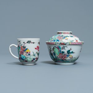 A Chinese famille rose covered bowl, a cup and two saucers with landscape design, Yongzheng — photo 4