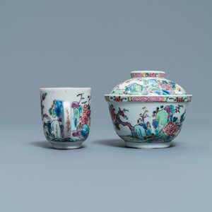 A Chinese famille rose covered bowl, a cup and two saucers with landscape design, Yongzheng — photo 7