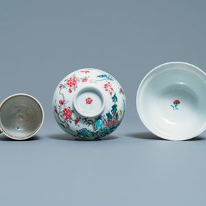 A Chinese famille rose covered bowl, a cup and two saucers with landscape design, Yongzheng — photo 8