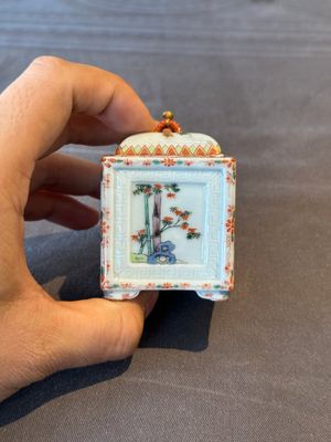 A Chinese famille rose covered seal paste box and a square famille verte covered censer, Qianlong mark, 19th C. — foto 8